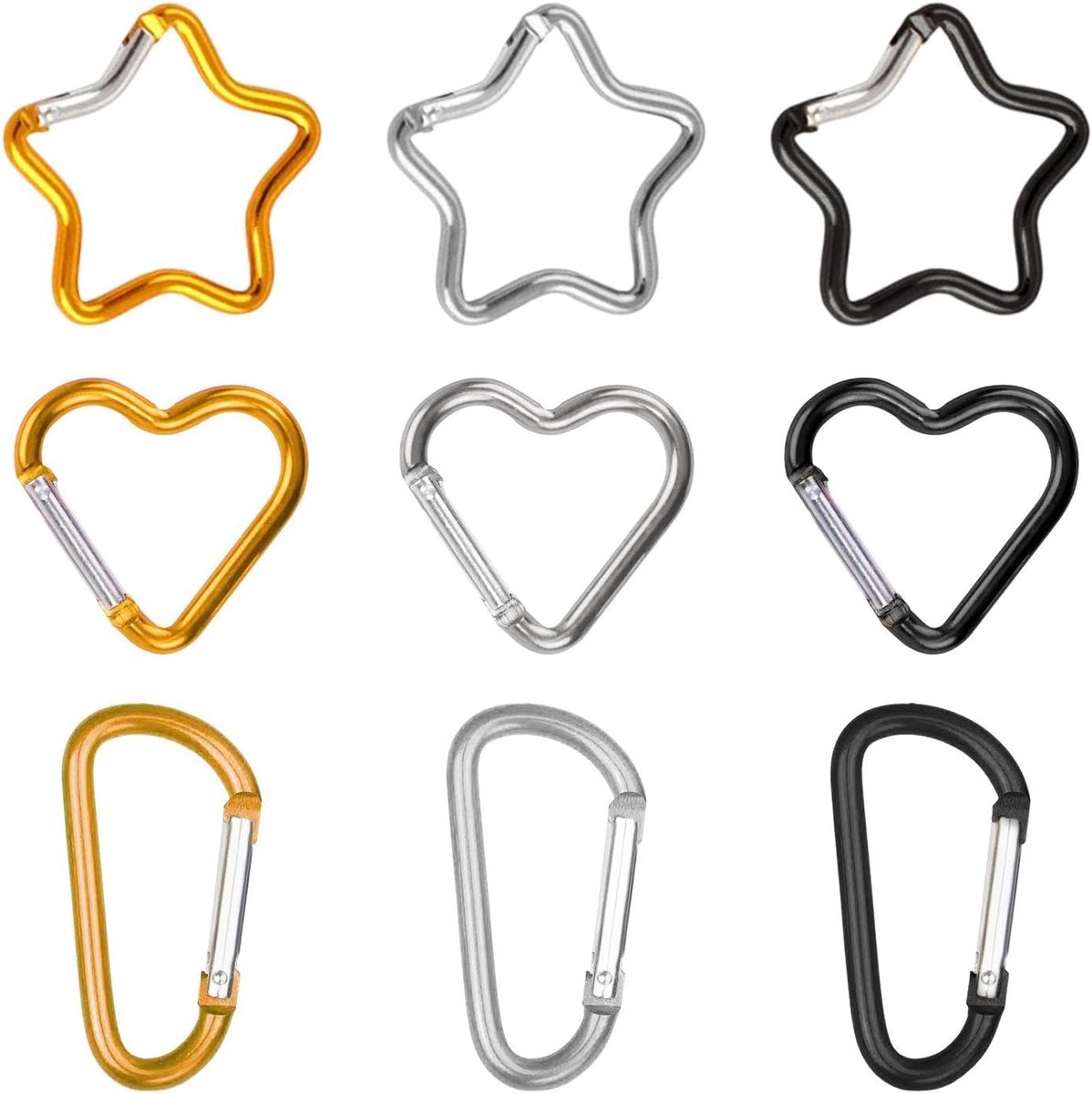 3 stuks ster, hart en D-vormige aluminiumlegering karabijnhaken, zwart, zilver en goud, geschikt voor rugzakhaken, sleutelhanger en outdoor accessoires