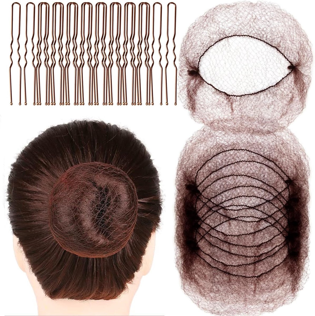 20 stuks onzichtbaar haarnet met 40 stuks haarspelden, elastisch haarnet voor knot, haarknopen maken voor vrouwen, meisjes, haardonut (bruin)