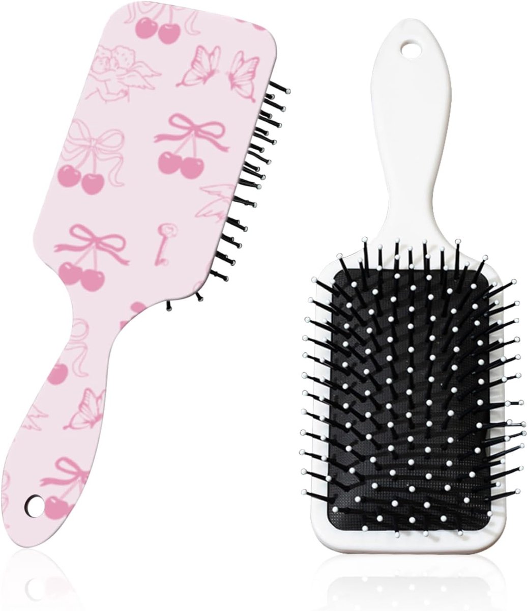 Haarborstels voor meisjes, krulborstel met roze strikpatroon, antistatische natte en droge ontwarrende borstels, kussenkam, reishaarborstel voor alle haartypes, kinderen en vrouwen (2 stuks)