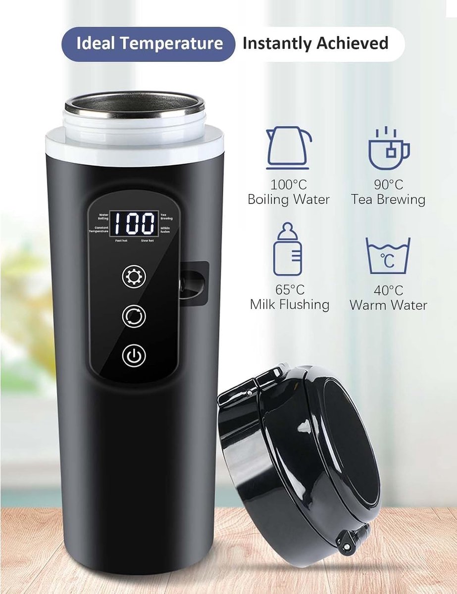12 V autowaterkoker met touchscreen, 400 ml reiskoker, 304 roestvrij staal, lekvrij deksel, variabele temperatuur (45-100 °C) voor koffie, thee en melk, ideaal voor vrachtwagen, bus