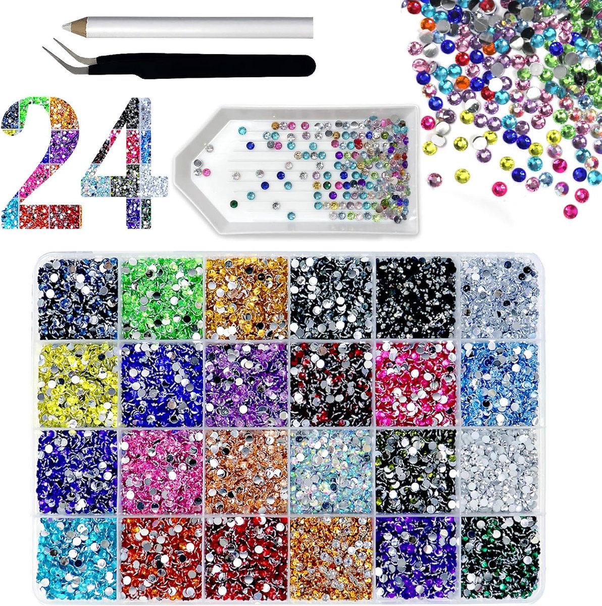 24.000 stuks harsstrasssteentjes in 24 kleuren, 3 mm, kleurrijke strass-steentjes voor kleding, kopjes, schoenen, stof, nail art