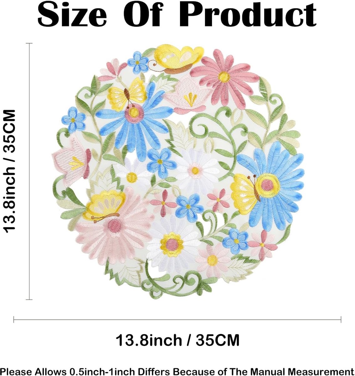 Placemats, rond, 35 cm, polyester, blauwe madeliefjes, geborduurde placemats, wasbaar, duurzaam, doorbroken, kleurrijke vlinderdecoratie