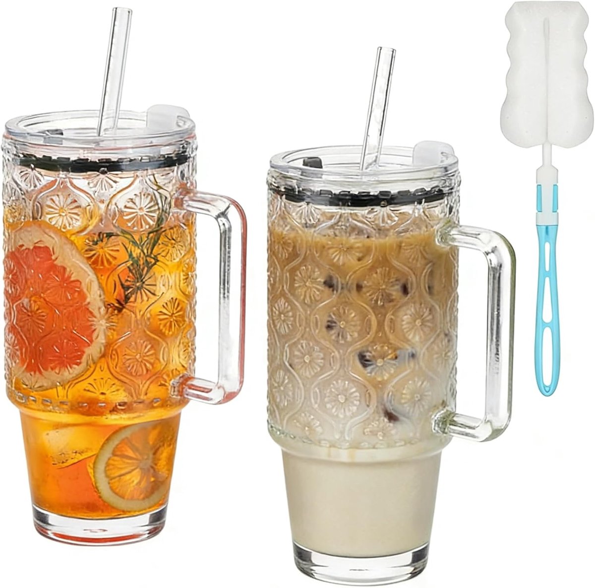 2 stuks 730 ml glazen beker met rietje en deksel - herbruikbare ijskoffie beker met handvat en kopborstel smoothie glas matcha drinkbeker voor ijs koffie sap drinken melk thee cocktail bruiloft