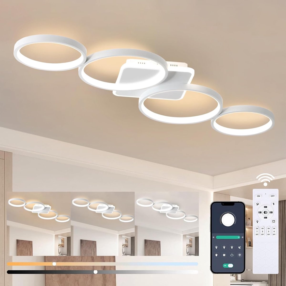 94cm LED Plafondlamp Dimbaar Woonkamer Plafondlamp 54W Wit | Woonkamerlamp met Geheugenfunctie, Moderne 4 Ring Design Plafondverlichting met Afstandsbediening APP voor Slaapkamer
