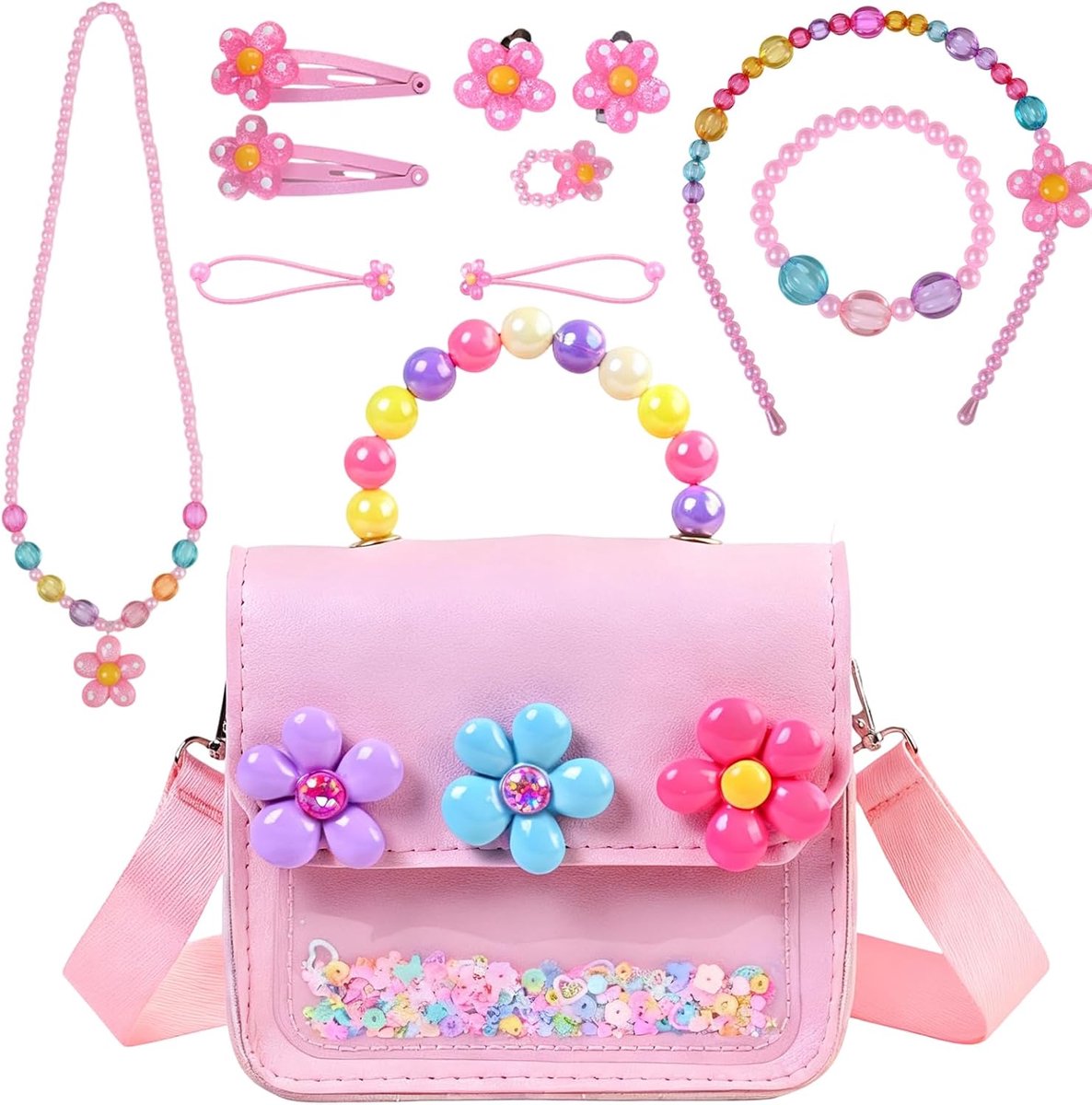 Handtas voor meisjes met sieraden, cadeau voor meisjes bloemen kralen, schooltas, kaarthouder, portemonnee, verjaardagscadeau, 10 accessoires