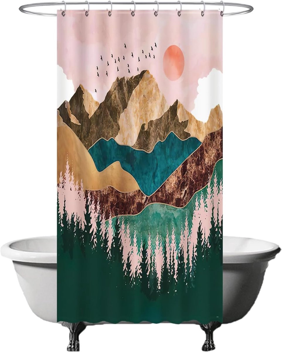 Douchegordijn - natuur zon bergen bohemien - 120 x 200 cm - wasbaar - anti-schimmel - waterdicht - met 8 ringen - groen roze bruin