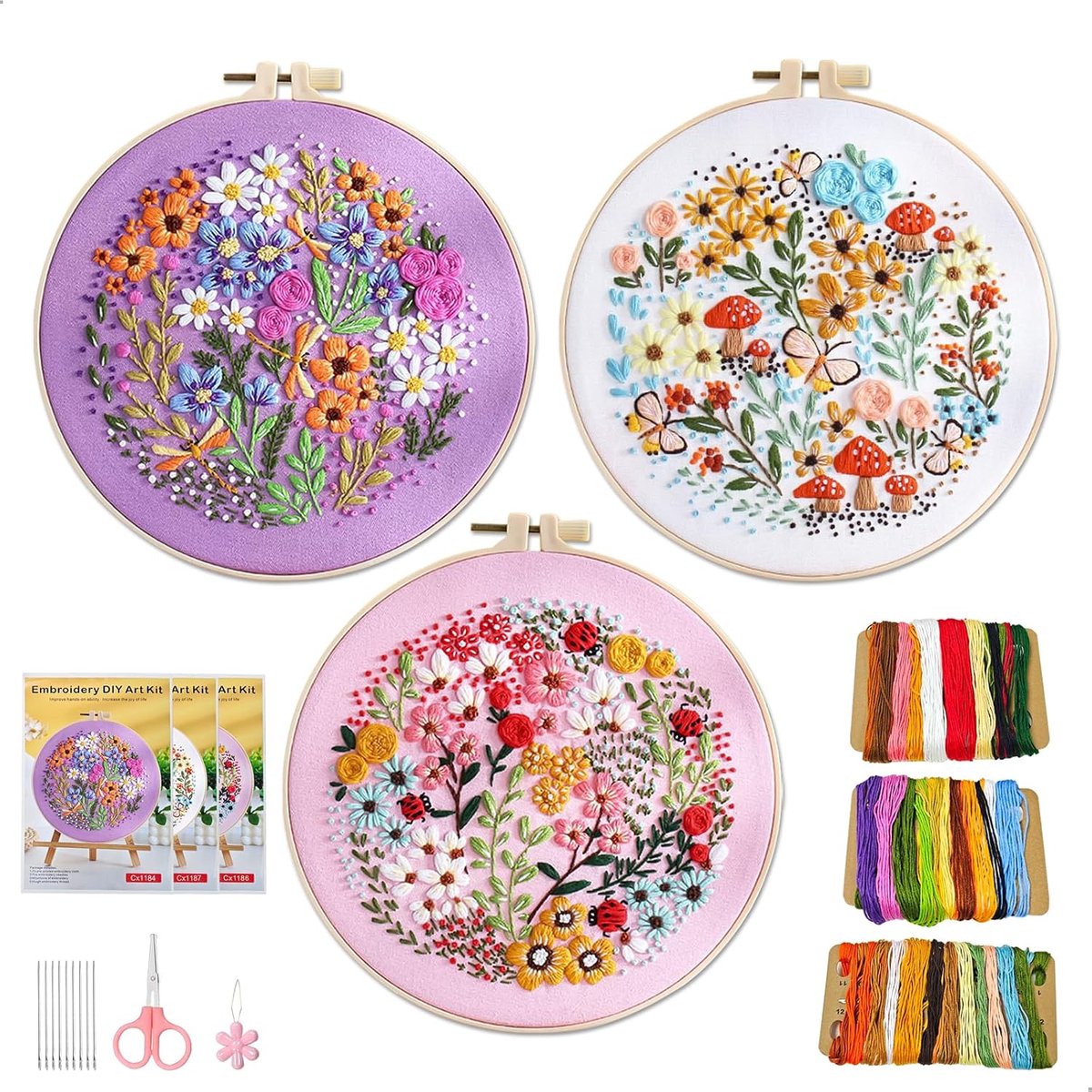 mimzemamz Borduurset voor beginners, borduurset met bloemen en planten, borduursets voor volwassenen, gekleurde garennaalden, hoepels (bloemensteken, 3 stuks)