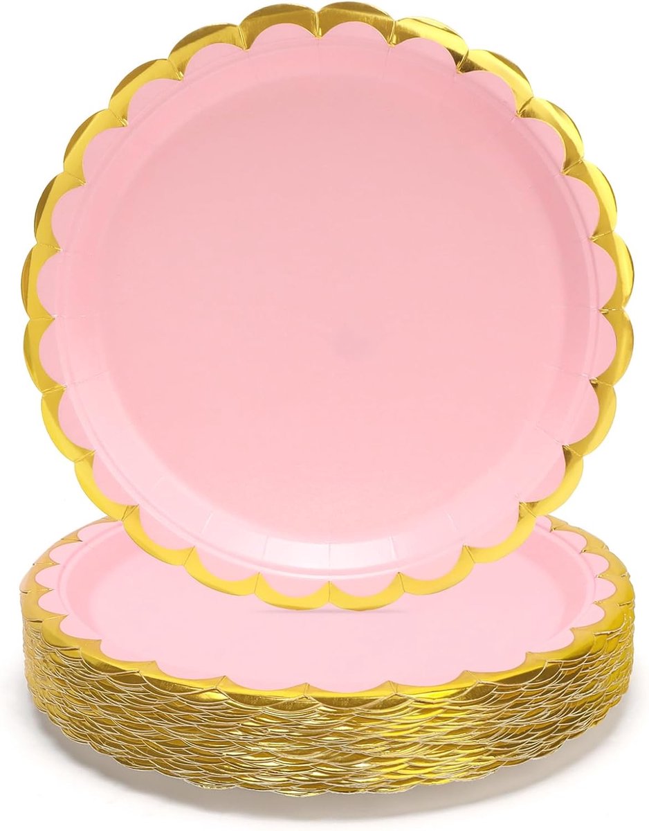50 stuks 23 cm roze golvende rand warm reliëf papieren borden set voor diner en dessert groot voor afstuderen, feestdagen, bruiloften, verjaardagsfeesten, babyshowerdecoraties