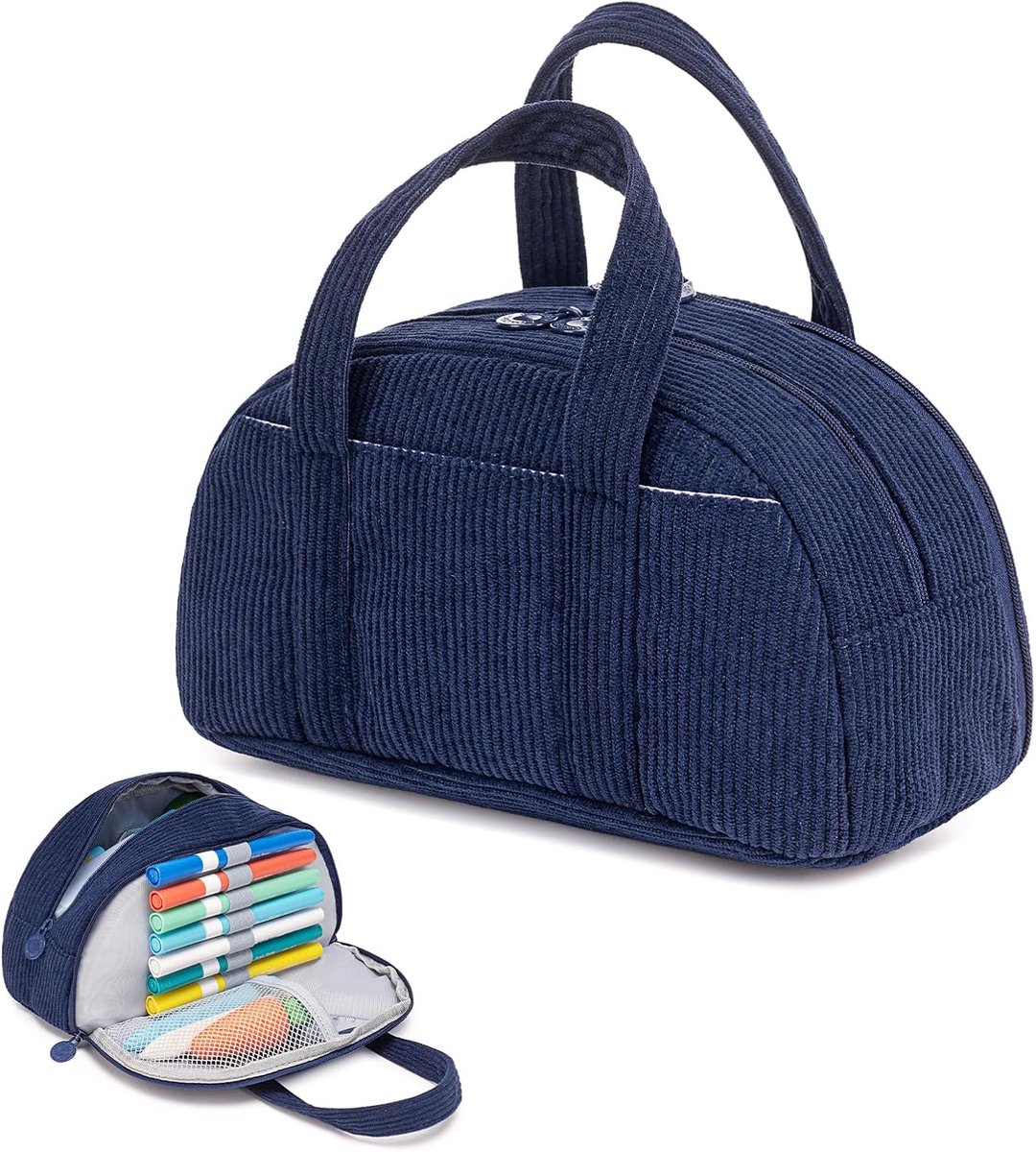 Pennenetui met grote capaciteit voor meisjes, schattige corduroy etui met vakken voor briefpapier en schoolbenodigdheden, pennenetui organizer voor school, Donkerblauw, Etui