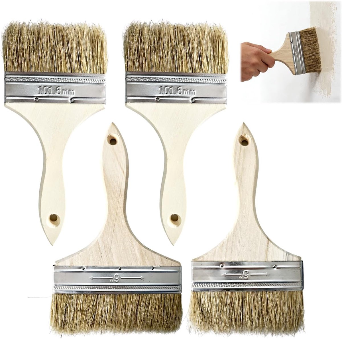 Platte kwasten, 96/115/145 mm, van natuurlijke haren, ergonomische houten handgreep, brede penselen voor schilderen, lazuur, oliën, muren, hout en meubels, veilig en duurzaam