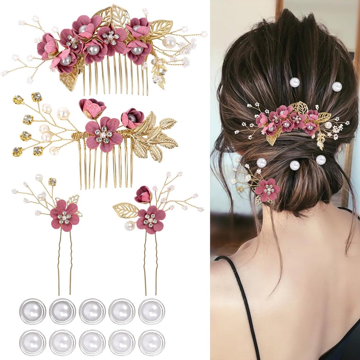 4-delige haaraccessoires voor bruiloften voor vrouwen, stijlvolle bruidshaarspelden, bloemen, bruidsmeisjeshaaraccessoires, 10 spiraalvormige parelhaarspelden voor bruiden en bruidsmeisjes (rood)