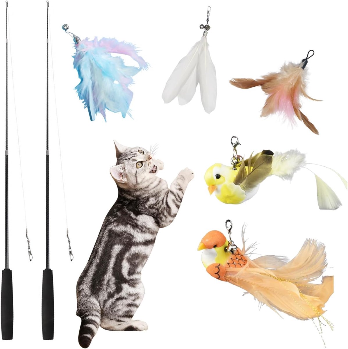 7 stuks kattenspeelgoed, interactief kattenspeelgoed met veren, kattenspeelgoed met 2 intrekbare kattenhengelvervangingen en 5 veren speelgoed met belletjes, voor kleine huiskatten