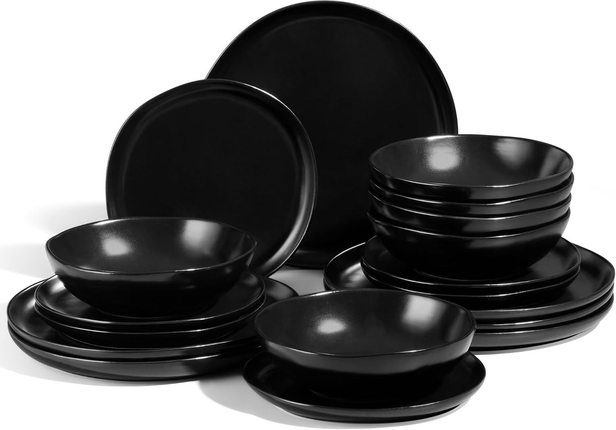 Tafelservies voor 6 personen, 18-delig, steengoed, onregelmatig rond servies met platte borden, dessertborden, ontbijtkommen, magnetron- en vaatwasmachinebestendig, zwart
