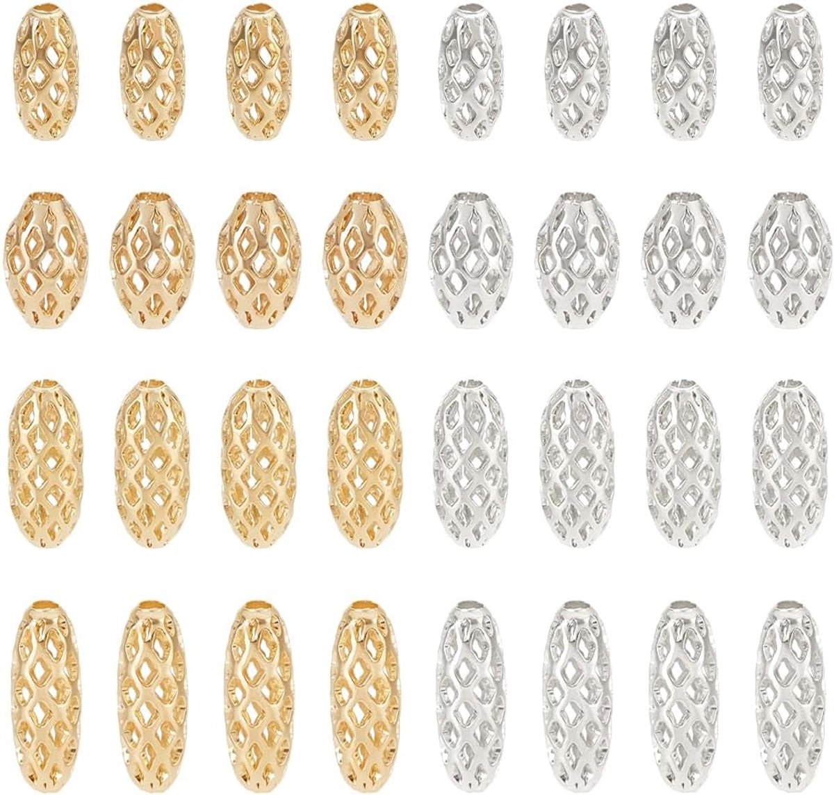 PandaHall 80 stuks, 4 maten, uitgeholde messing kralen, 8 ~ 11 mm, ovale rijst, afstandsparels, filigraan holle kralen, losse kralen voor oorbellen, armbanden, halskettingen, doe-het-zelf