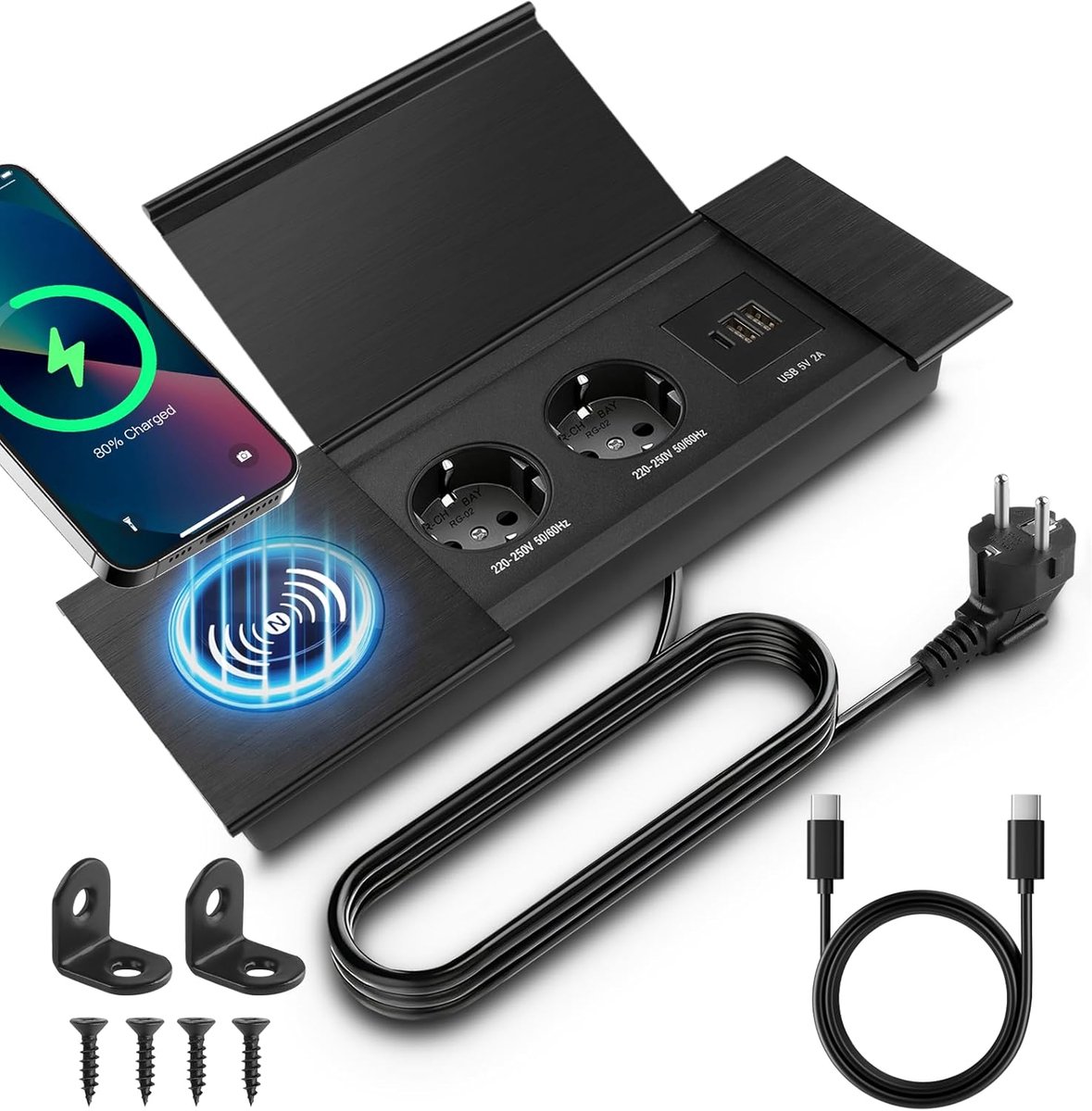 inbouwstopcontact, 2-voudig met USB-C PD en deksel, inbouwstekkerdoos, tafelstopcontact voor bureau, keuken, kantoor, banktafel en vergadertafel, zwart