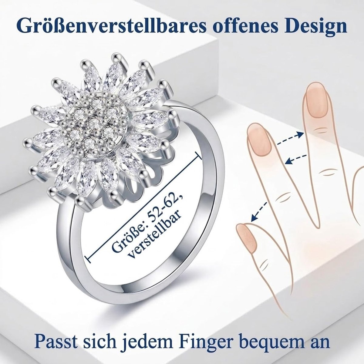 zilver, zonnebloem, anti-stress, schaduw, angstring, roestvrij staal, voor paniekaanvallen, duimring, vingerstemmingsring, vrouwen