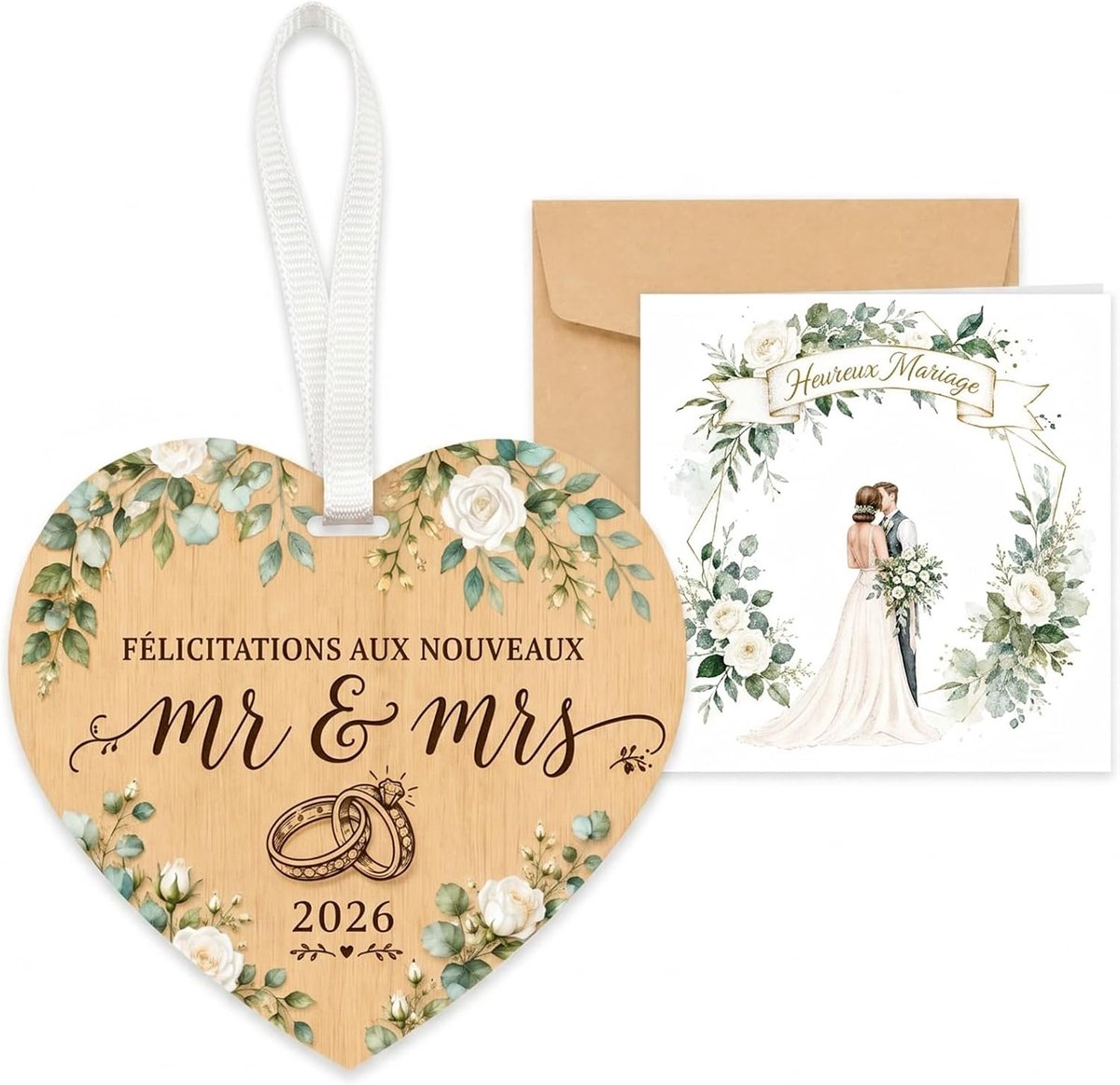 felicitatie, wenskaart bruiloft met houten hart plaat