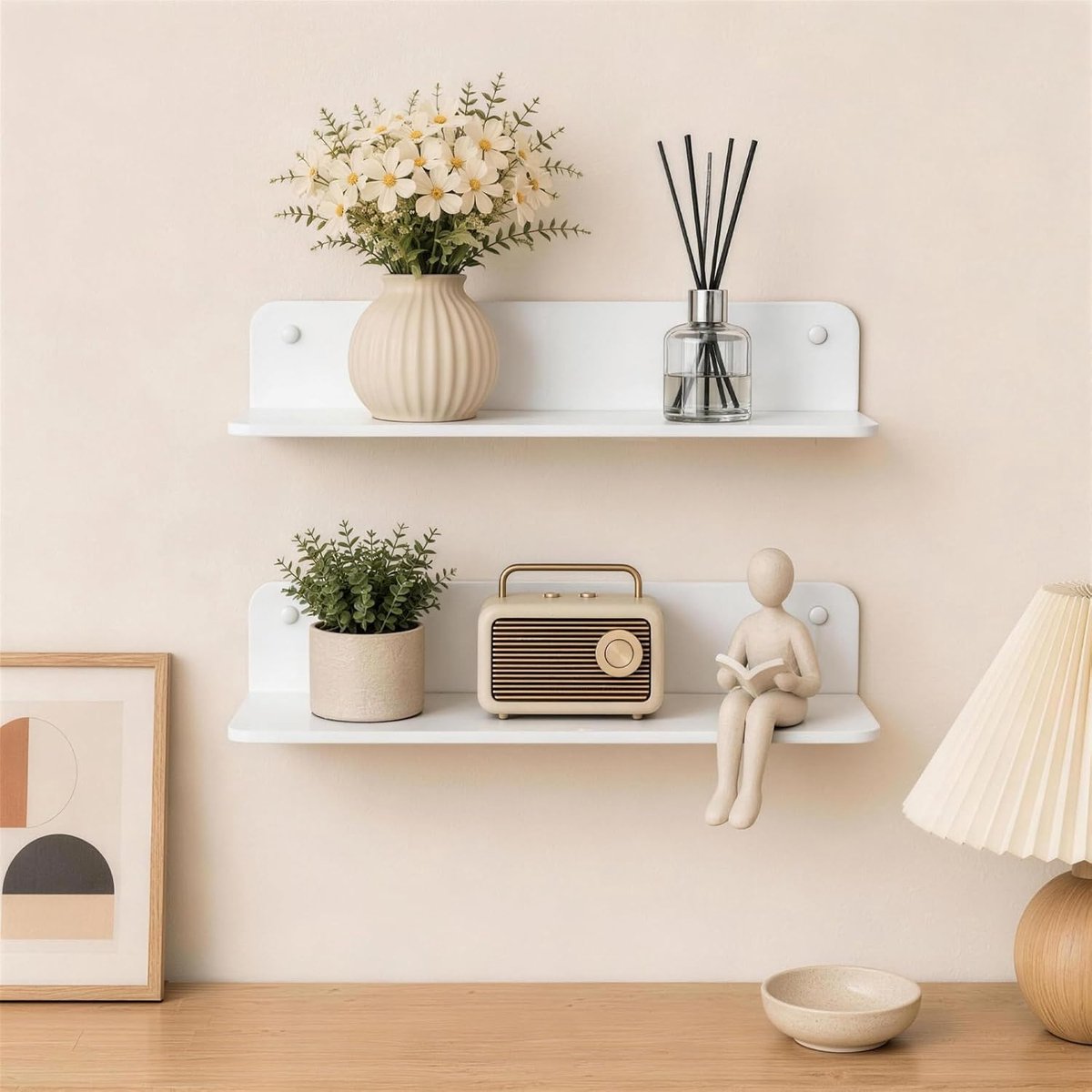 Set van 2 wandplanken, wit, 23 cm, wandrek zonder boren, met kabelgaten, zelfklevend, acryl, voor intelligente luidsprekers, actiefiguren, woonkamer, slaapkamer