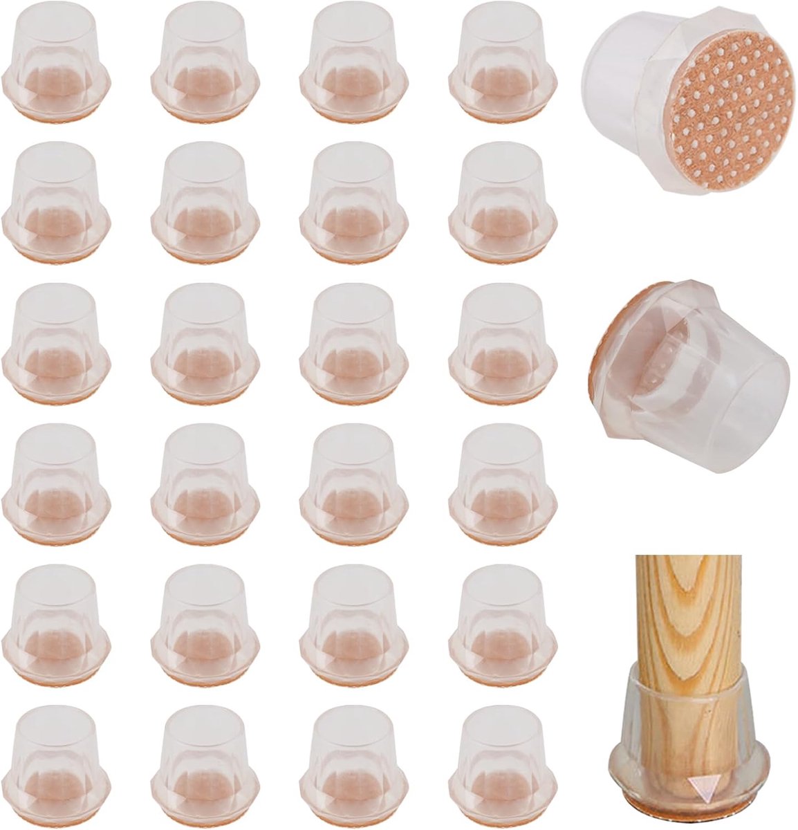 24 stuks stoelglijders voor ronde stoelen met vilt, transparante poten, viltdoppen voor stoelen, ruisonderdrukking (toepasbaar diameter: 32-41 mm)