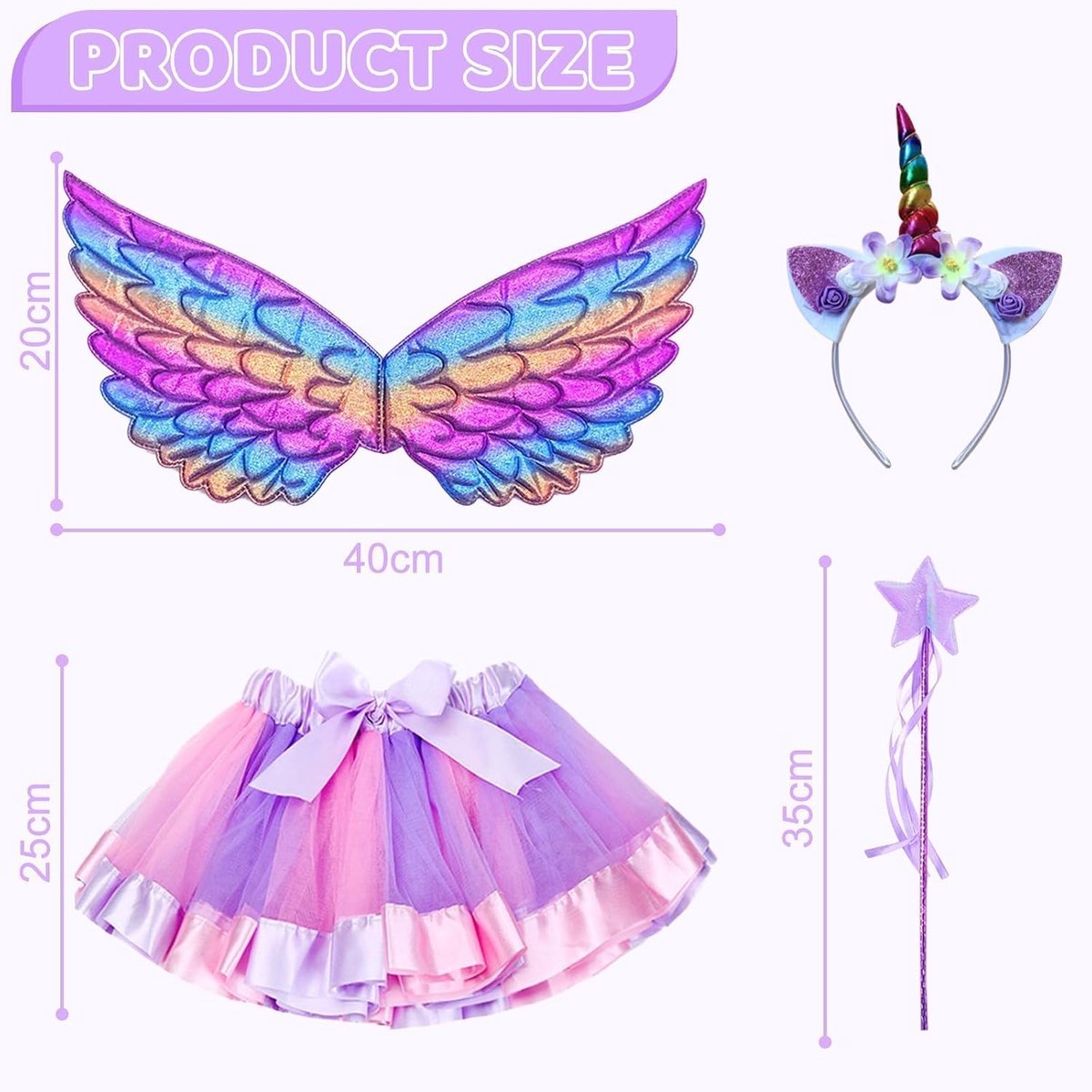 Prinsessenkostuum voor meisjes, feeënkostuum voor meisjes, verkleedkostuum, eenhoornkostuum met vlindervleugels, toverstaf en hoofdband, set voor meisjes van 3-8 jaar