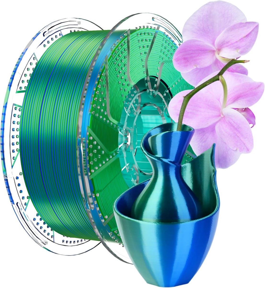 Systems Conjure Silk PLA 3D-printer filament, 1,75 mm tweekleurig filament, zijde blauw groen 3D-printen filament 1 kg (A-Silk PLA-blauw+groen, 1 kg) | Two-Colour Silk Filament with Glossy Effect, Colour Shift by Viewing Angle, Blue-Green, 1kg