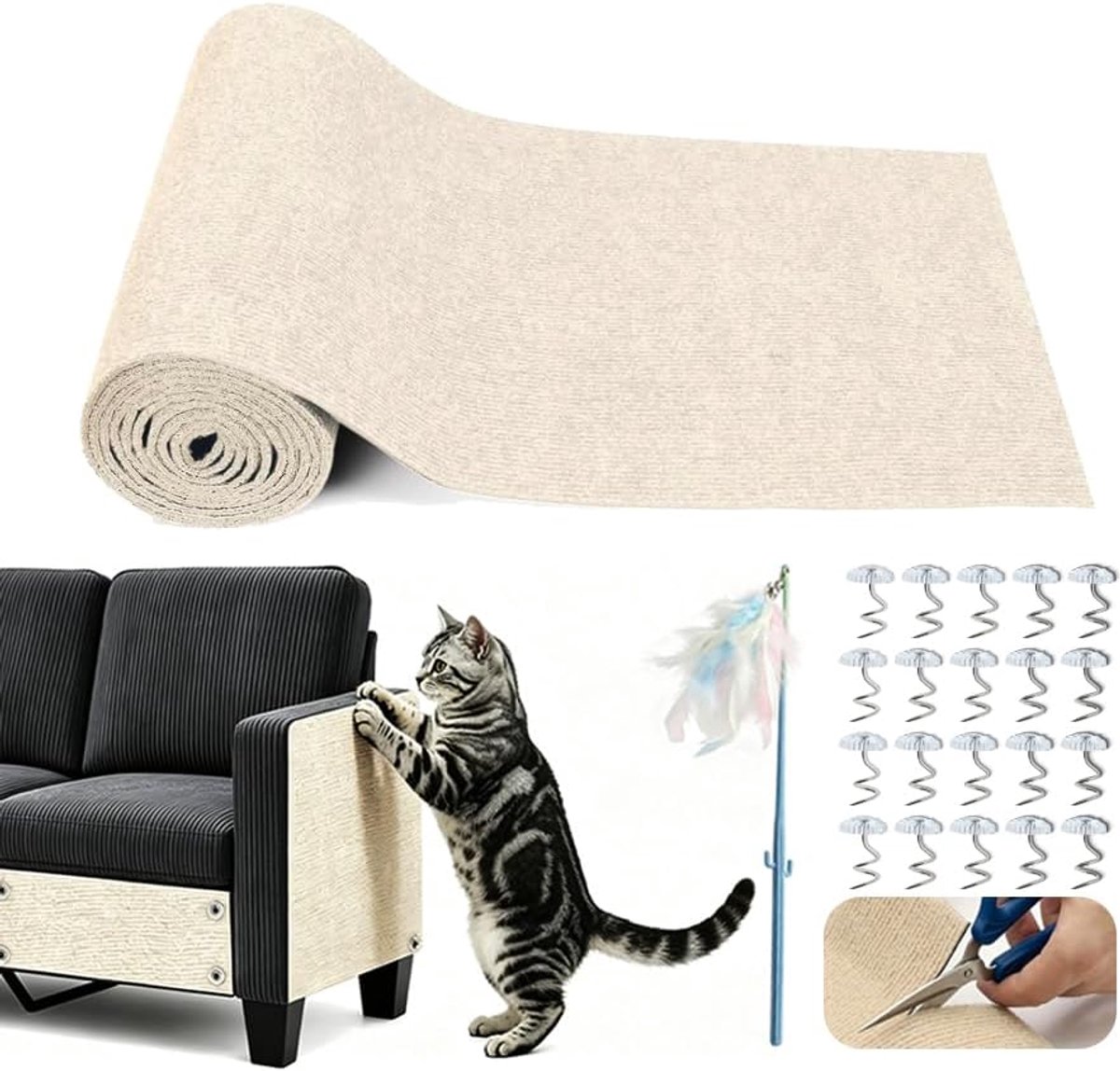 kattenkrabmat, doe-het-zelf muurkrabplank voor katten, krasbescherming voor bank en meubels, kattenklauwen, rijstwit, 40 x 400 cm