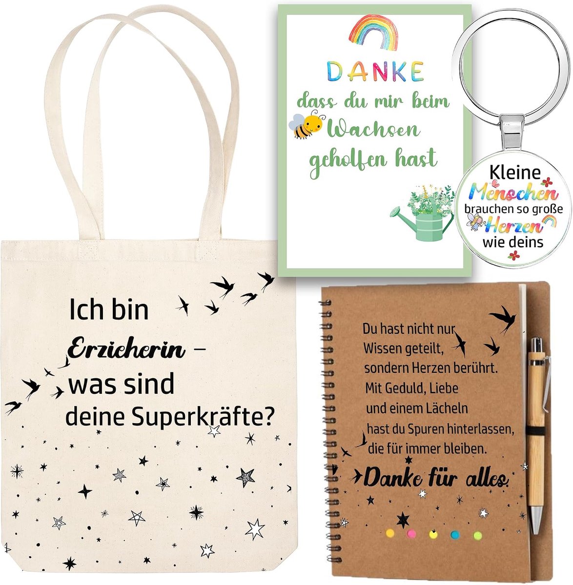 Afscheidscadeau voor opvoeders - Canvas tas Ik ben een opvoeder - En jij, wat zijn je superkrachten? + Notitieboek + Sleutelhanger + Bedankkaart