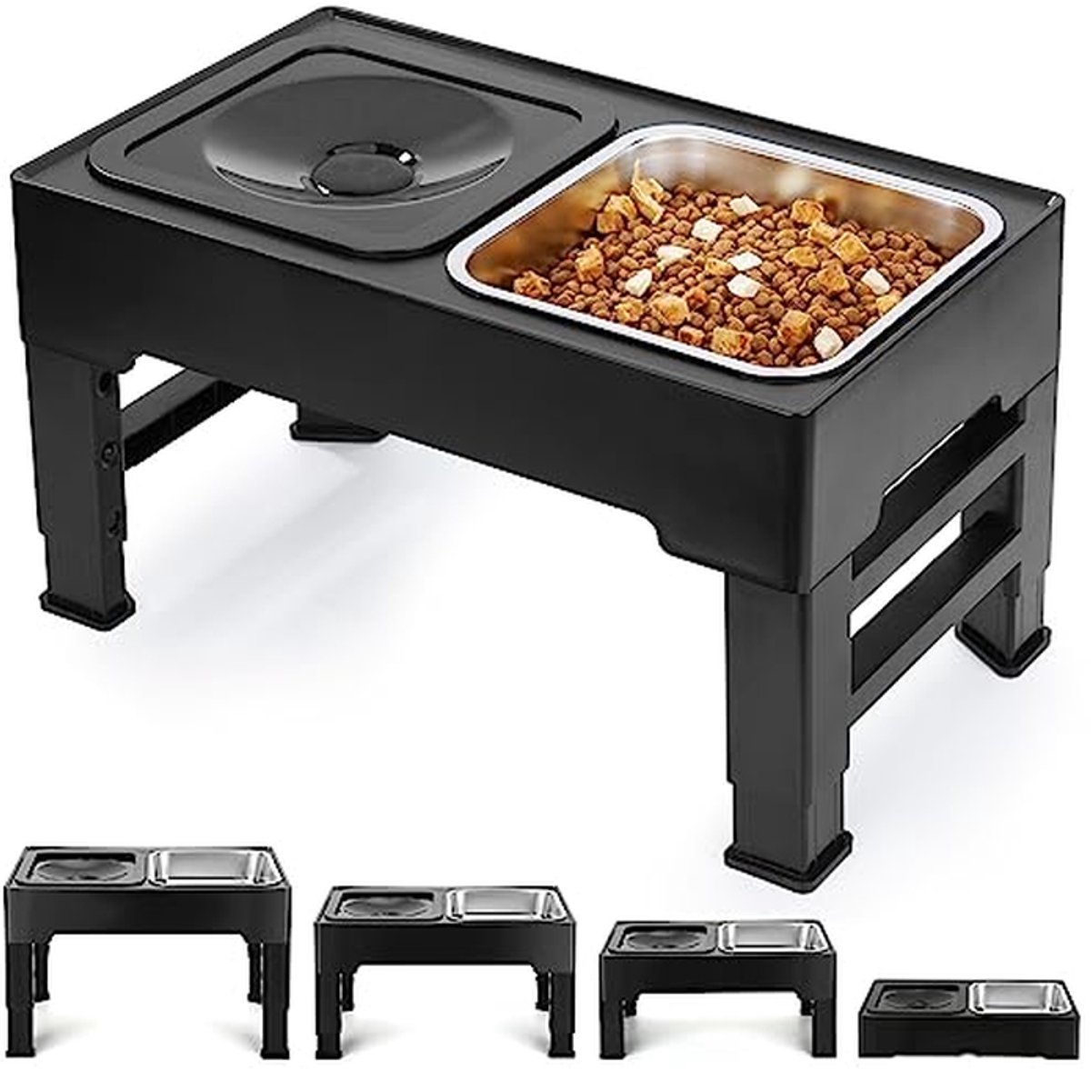 Verhoogde Hondenbakken - Hondenvoerbak - Comfortabel Eten - 4 Verstelbare Hoogtes - 44 x 26 x 9.5 cm - Zwart