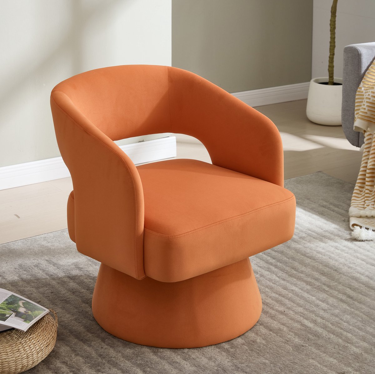 REDOM - Fauteuil - 360° draaibaar - Met armleuningen en metalen draaivoet - Moderne stijl - Woonkamer, slaapkamer en kantoor - Velvet - Oranje - 68 x 66 x 75 cm