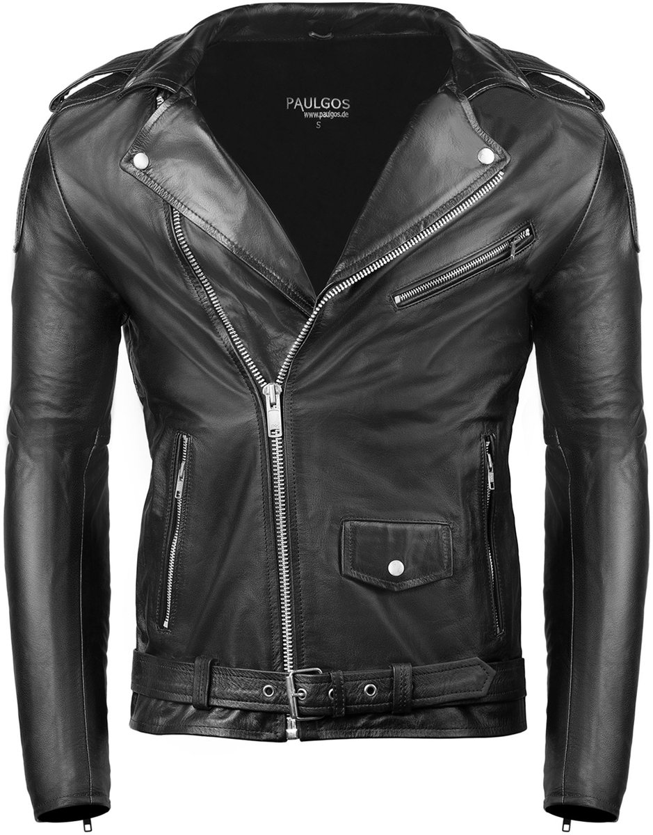 PAULGOS Heren Biker Leren Jas, Echt Leren Jas, in 2 Kleuren, Maten S-5XL