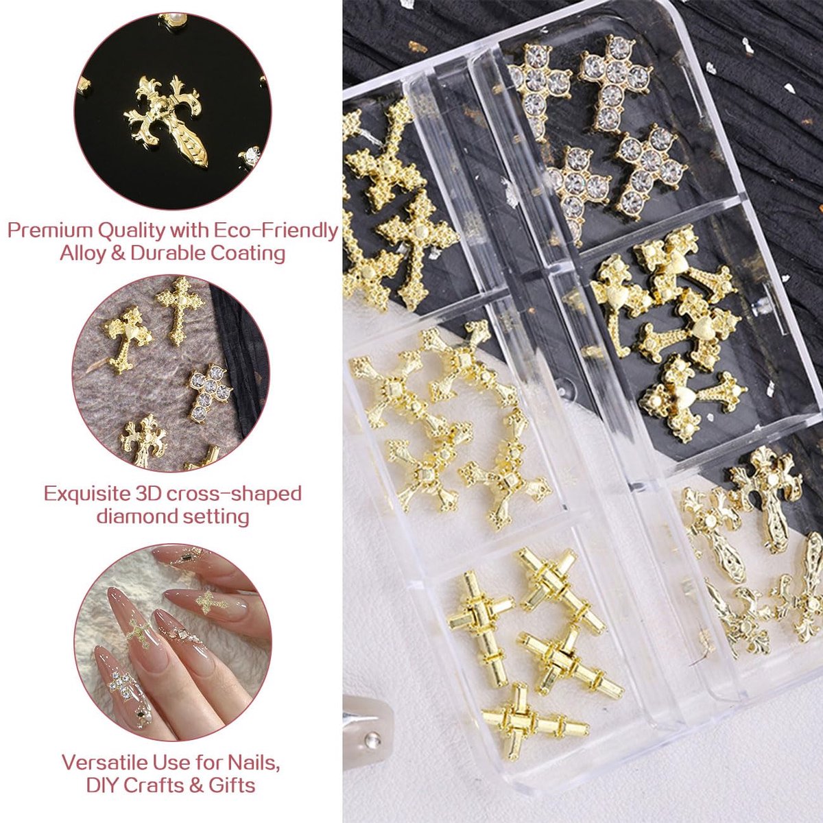 60 stuks 3D kruis nagelsteentjes voor nagelkunst gouden bedeltjes - nagels glanzende strass steentjes kunst - edelstenen voor DIY manicure knutselcadeaus sieraden maken edelstenen set
