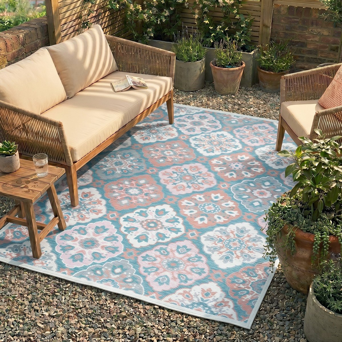 Fraai Bohemian buitenkleed - Vedra Tile Blauw - 240x340cm