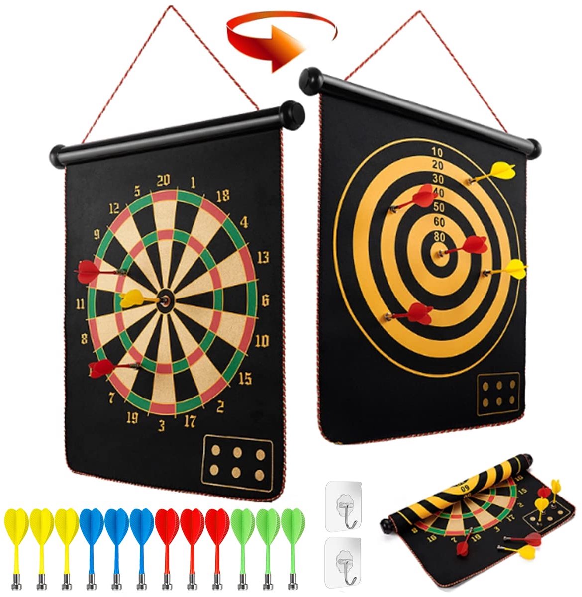 SnelShoppen - LiRiQi Magnetisch Dartbord voor Kinderen - Dubbelzijdige Dartset met 12 Dartpijlen - Veilig Speelgoed voor Binnen en Buiten - 38 cm - Pe