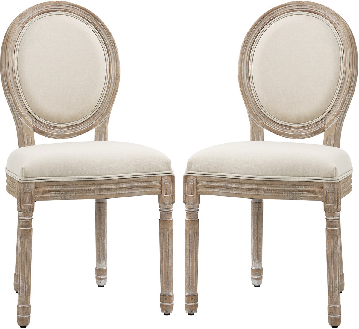 Set van 2 eetkamerstoelen - Ladewijk XVI-stijl medaillonstoel - massief hout gesneden, gepatineerd - beige linnenlook