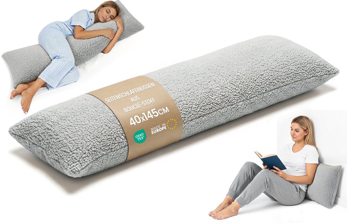 Zijslaapkussen 40x145 cm afneembare hoes – ergonomisch lichaamskussen body pillow voor zijslapers Bouclé zacht ademend vormvast – OEKO-TEX gecertificeerd Lichtgrijs