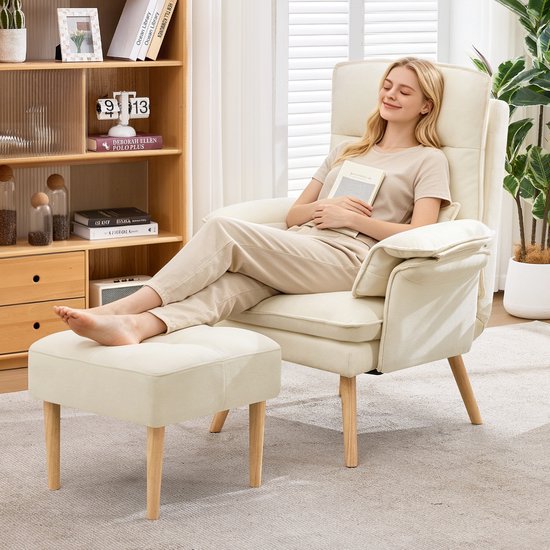 Loungechair met voetenbank - verstelbare ligstoel - met hoofdsteun - armleuningkussen - leesstoel - tv-stoel - beige
