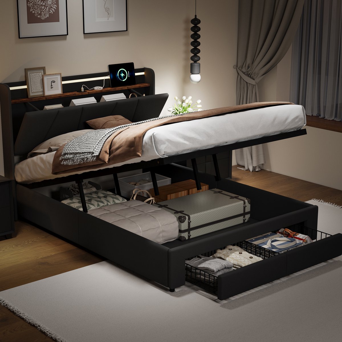 Opbergbed 140x190 cm met lattenbodem en 2 lades, Tweepersoonsbed met RGB LED-verlichting, hoofdbord met opbergruimte en USB/USB-C-oplaadpoort, hydraulische opbergruimte en 2 lades, Bedframe, Linnen donkerGrijs
