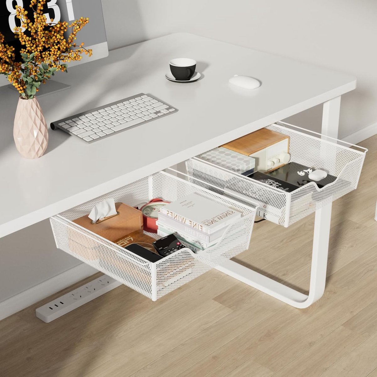 Laden onder bureau, metalen vlechtwerk, verborgen lade onder tafel voor documenten en papier, 33 × 31 × 9,5 cm, wit