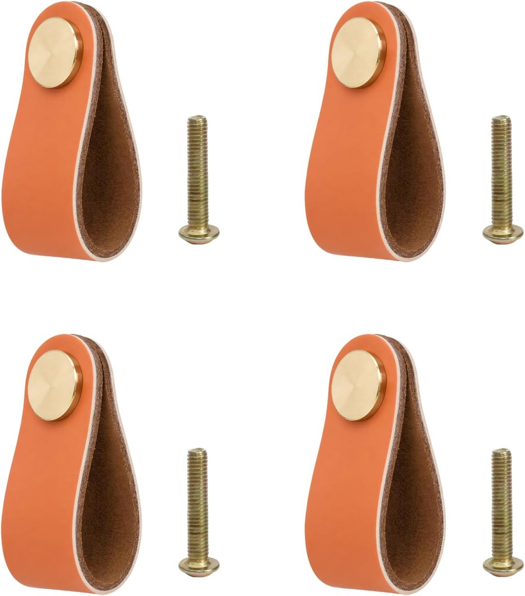 4 stuks handgemaakte meubelgrepen van leer, 64 x 25 mm, met messing kop, ideaal voor laden, kasten en meubels, waterafstotend, duurzaam, meubelgreep voor gezinnen met kinderen (lichtoranje)