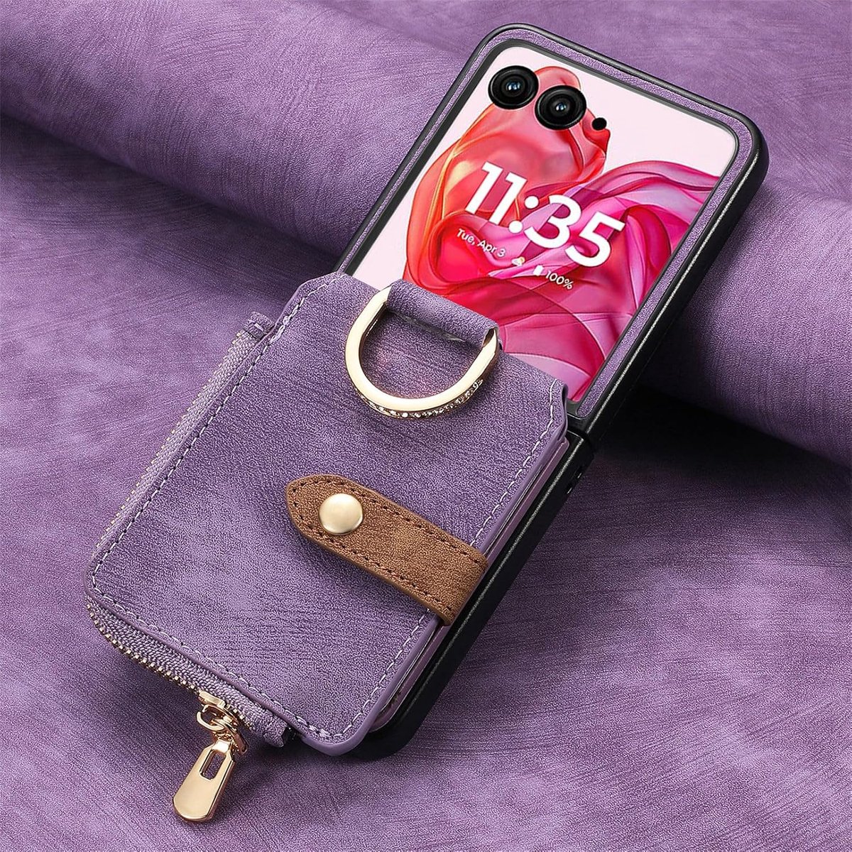Hoesje voor Motorola Razr 50 Ultra, PU-lederen opvouwbare portemonneehoes, beschermhoes met ring, met kaartsleuven, beschermhoes voor Motorola Razr 50 Ultra-paars