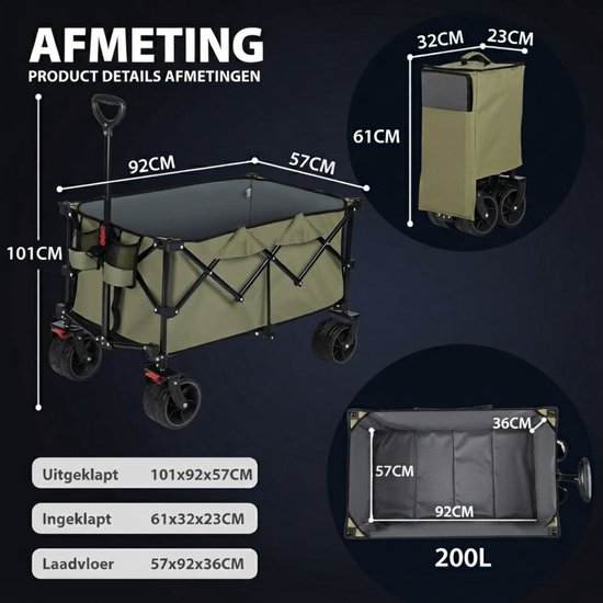 NIVA® Bolderkar - Opvouwbare Wagen Met Remmen - 150kg Laadvermogen - Groen - 92cm x 57cm x 97cm van Niva — afbeelding 2