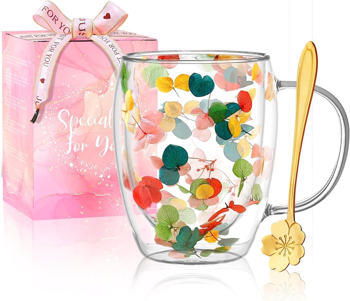 Cadeaus voor vrouwen, dubbelwandige glazen koffiemok met gedroogde bloemen, mooie theekopjes met geïsoleerde handgrepen, kerst- en verjaardagscadeaus voor je beste vriendin, leraar, moeder