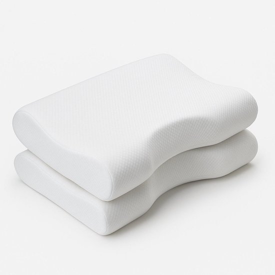 Deux coussins ergonomiques blancs empilés, à motif losange.