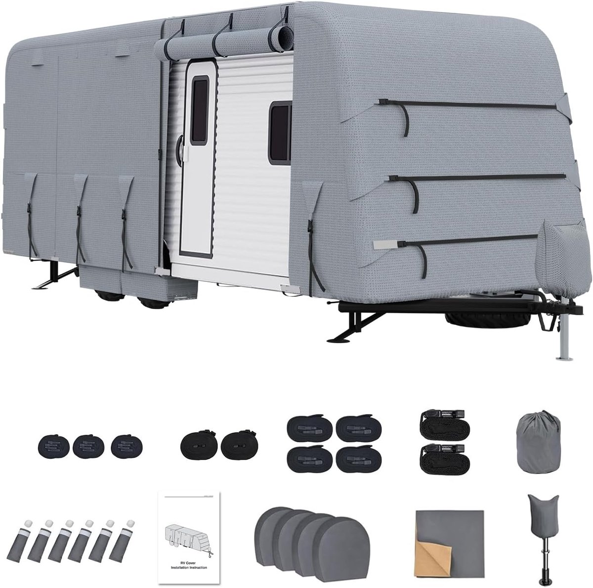 Caravanhoes voor 6,1 - 6,7 m reiskabels, waterdicht, winddicht en ademend, 4-laagse beschermhoes met 400 kg scheurvastheid, inclusief 4 versterkte windriemen, 4 bandkappen