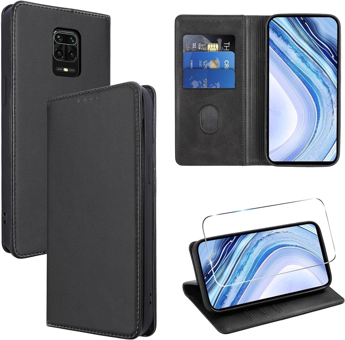 Leren hoesje voor Xiaomi Redmi Note 9 Pro/9 Pro Max/9S 4G met 1 harde glazen beschermhoes, PU-portemonnee, kaartenvakken, standfunctie, klapdeksel, mobiele telefoon-flipcase, zwart