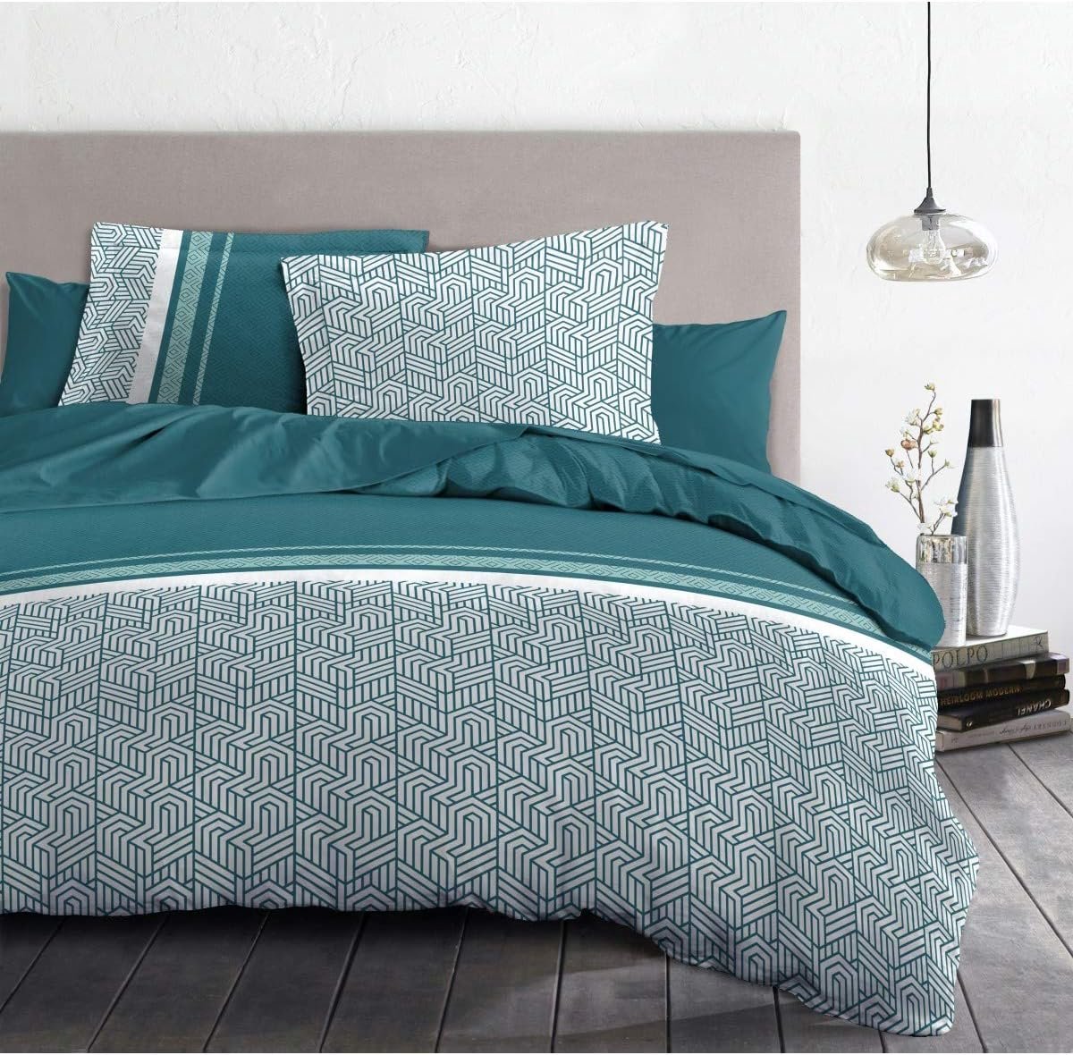 SnelShoppen - Beddegoed Set 3-delig 220 x 240 cm 100% Katoen 57 Draad/cm² Celadon Groen Dennenboom voor Slaapkamer en Gastenverblijf