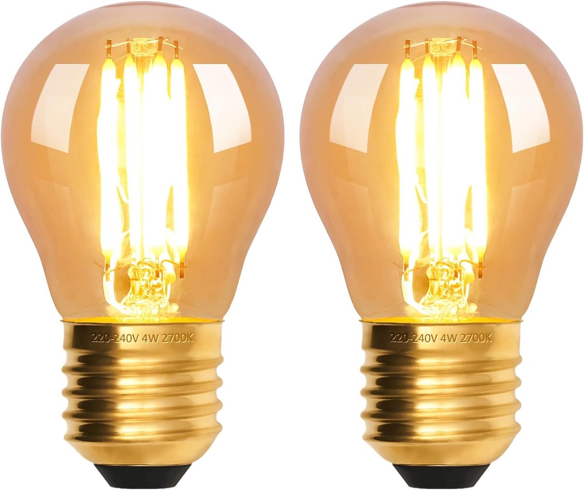 scicent 2 Stuks E27 LED Kogellamp Vintage G45, 4W 2700K Warm Wit, Edison Filamentlamp van Amber Glas, Traploos Dimbaar, Flikkervrij