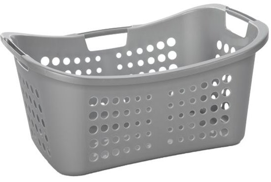 Grijze Curver wasmand van 50 liter met handvatten en ronde ventilatiegaten.