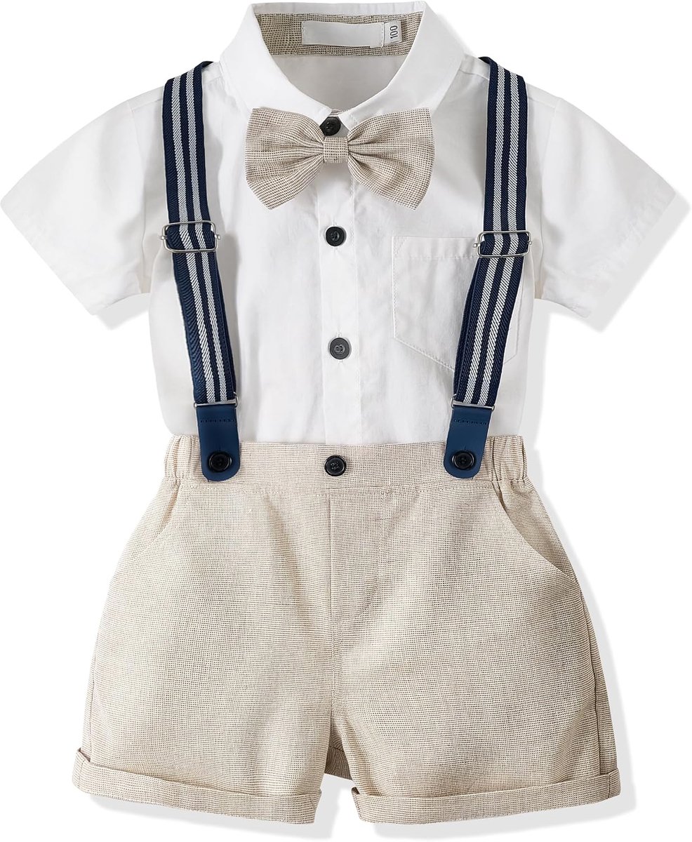 Baby Gentleman Set met bijpassende strik, hemd, bretels en broekje