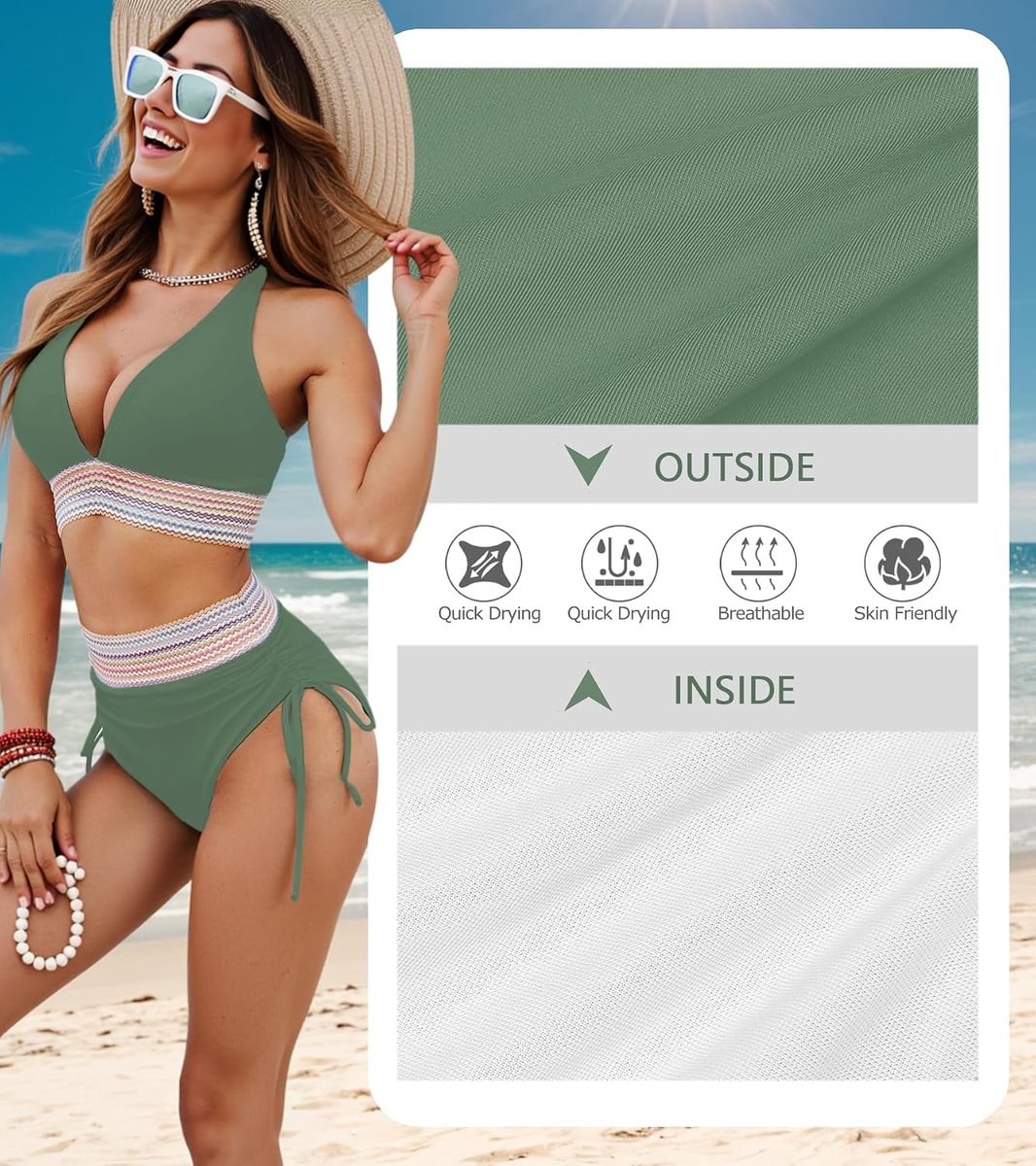 Bikini-set voor dames, tweedelig, hoge taille, strandbikini, afslankeffect, met vulling, 2-delig, V-hals, push-up